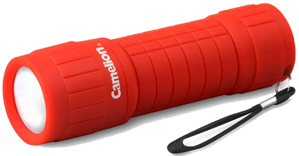 Red Camelion LED flashlight with wrist strap, cylindrical body