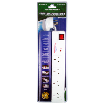 Ultracharge 4-way surge protection power board, boxed, four outlet strip