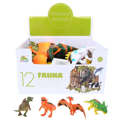 Dinosaur figurine set in assorted colors, shown in retail box tray
