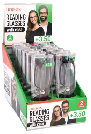 Unisex reading glasses with soft case, +3.50 magnification, boxed display of multiple pairs