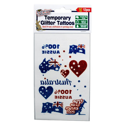 Temporary glitter tattoos pack with Australian map, hearts, and flags in blue and red