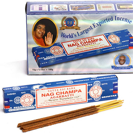 Nag Champa incense sticks with blue Satya rectangular box; dark brown sticks, 12-pack