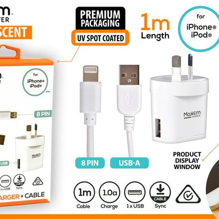 AC wall charger plug and 8-pin iPhone cable set with 1m length, product window