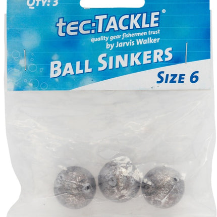 Size 6 ball sinkers, 3-pack; three dark gray lead balls in clear bag