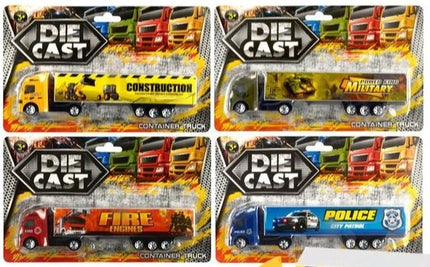 Die-cast container truck set with construction, military, fire, police trucks