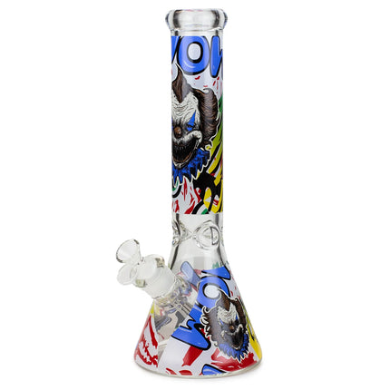 Clear glass water beaker with blue and white zombie face art, bubble percolator base
