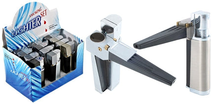 Windproof lighter set in tray, silver body with black lever and round cap