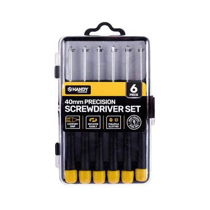 6-piece precision screwdriver set in clear storage case with black handles and yellow tips