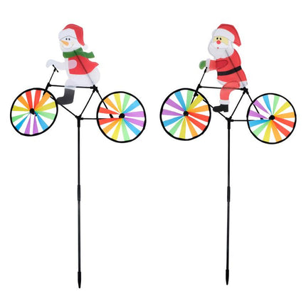Christmas windmill spinner yard stake with Santa riding a rainbow bicycle, two-sided