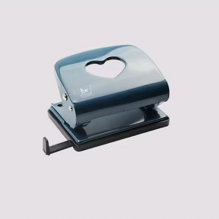 Metal two-hole punch in dark blue with silver heart-shaped top opening.