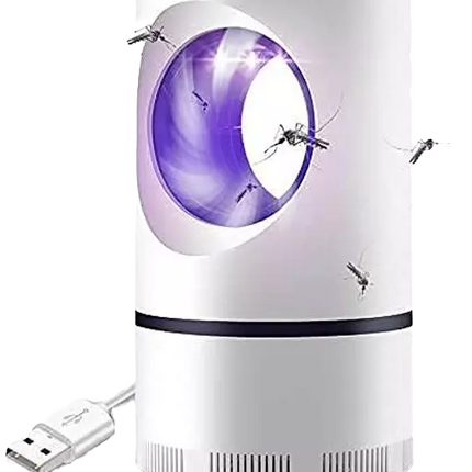 White UV LED insect trap with purple-lit circular intake and hanging airflow fins