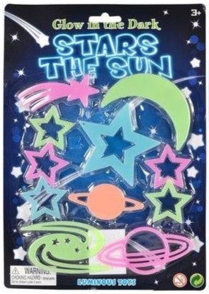 Glow-in-the-dark space star stickers on retail blister card, blue planet and multicolor stars