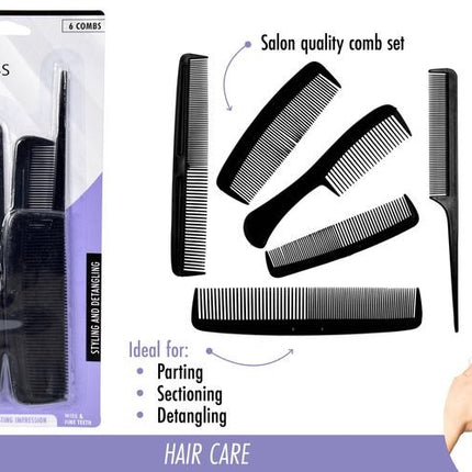 Black hair comb set, 6 assorted combs for parting, smoothing, and detangling