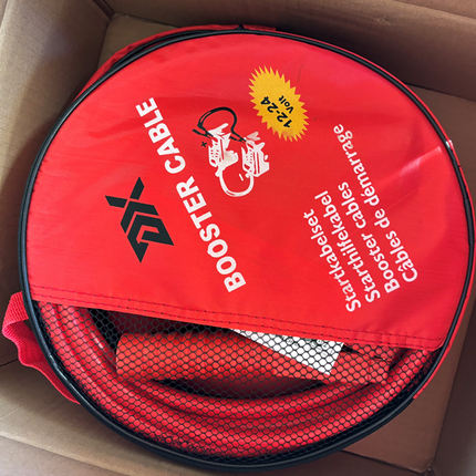 Battery jumper cable carry bag, red and black with mesh panel and handle loop