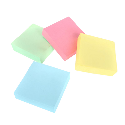 Pastel sticky note pads, square pages in pink, green, yellow, and blue.