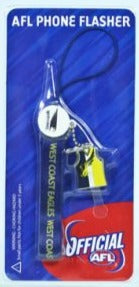 AFL phone flasher key ring with West Coast Eagles logo, blue packaging