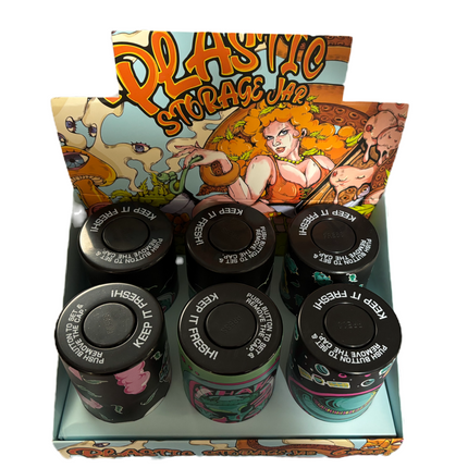 Front view of 6 alien-themed storage jars on display tray with comic lids.