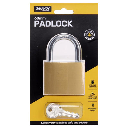 60mm padlock with keys, brass-colored body and chrome shackle