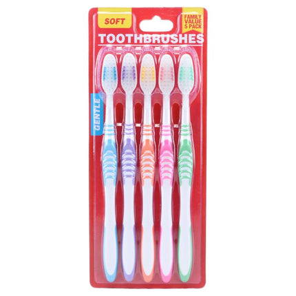 Curved soft-bristle toothbrush 5-pack in blister pack with red, blue, and multicolor handles