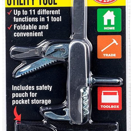Multi-function utility tool in package with built-in safety pouch for pocket storage