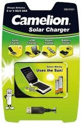 Camelion solar battery charger kit with USB ports and battery indicator on retail card