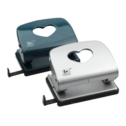 Metal two-hole punch with teal top and silver base, heart-shaped hole aperture.