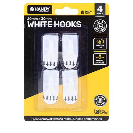 White plastic removable hooks 4-pack, peel-and-stick, for wall mounting