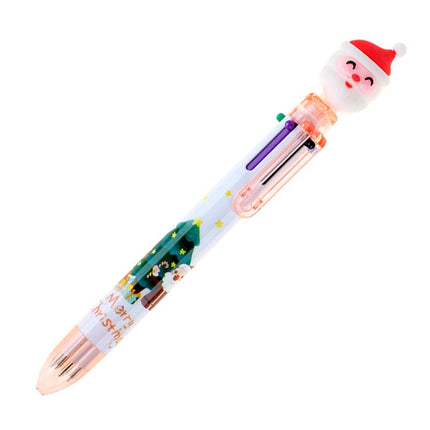 Snowman-themed Christmas ballpoint pen with red hat; clear barrel with purple and green ink