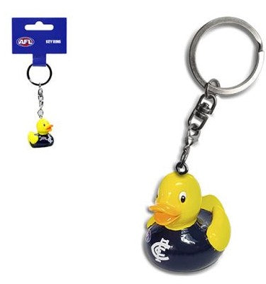 AFL key ring with yellow rubber duck charm and metal chain, round silver ring