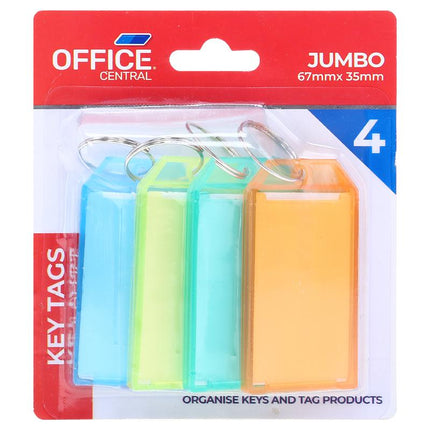 Jumbo key tag set, four translucent plastic tags with metal rings in blister pack