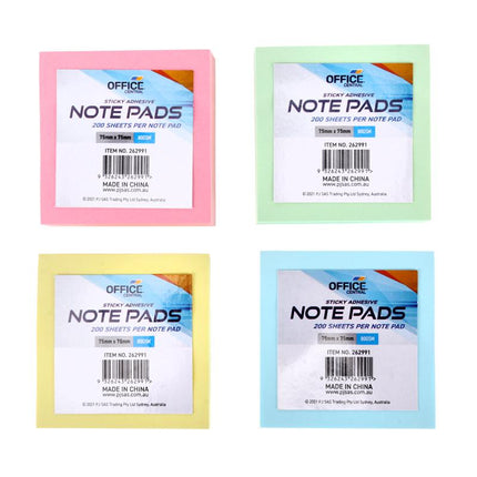 Four sticky note pad packages, pink, green, yellow, and blue, with printed labels.