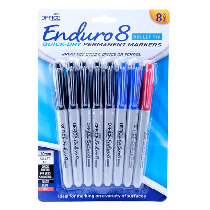 8-pack permanent markers in blister pack, bullet tips, black, blue, and red ink