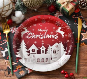Red Christmas paper plates with “Merry Christmas” church village design