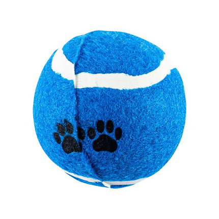 Single blue felt dog tennis ball with white stripe and black paw print