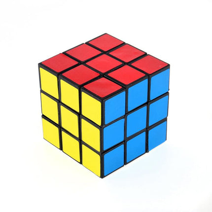 Cube puzzle with red, yellow, blue sides and black trim