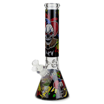 Clear glass water beaker with red zombie hand and skull artwork, bubble percolator base