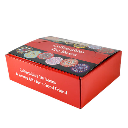 Decorative candle tin display pack, closed red box with mandala label on top