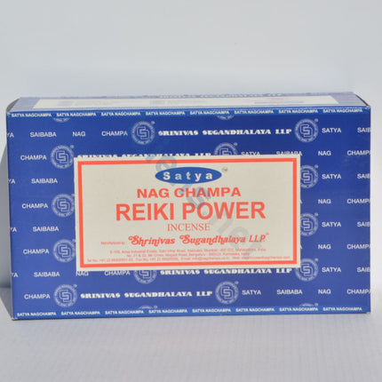 Satya Nag Champa Reiki Power incense box in blue with red-and-white label