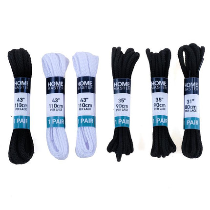 Set of black and light-colored shoelace pairs, bundled and labeled 1 pair each