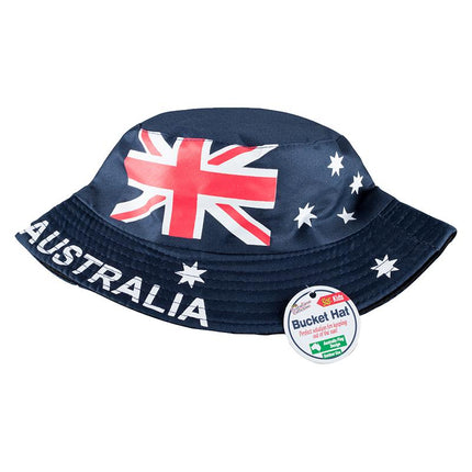 Kids bucket hat, navy with Australian flag, stars, and woven brim texture, front label