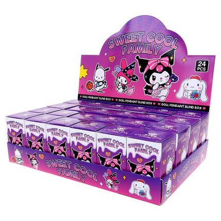 Sweet Cool Family doll pendant blind box display with stacked purple and pink character boxes