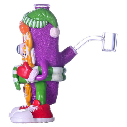 Colorful glass water pipe pizza character with curved neck and clear mouthpiece.