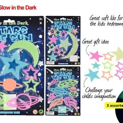 Glow-in-the-dark space sticker set packaging with assorted stars and planets, value pack of 12