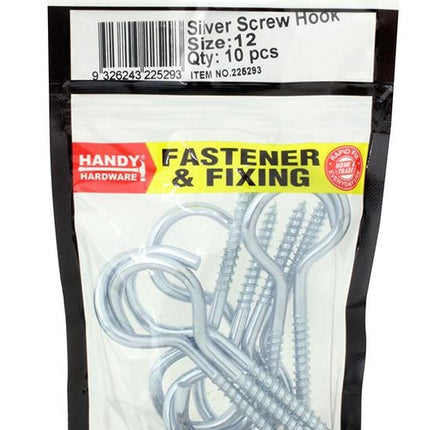 Silver cup hooks with screws, size 12, 10-pack in retail bag