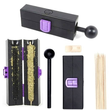 Cigarette mold maker kit with black case, purple latch, lever, gold inserts, wooden sticks