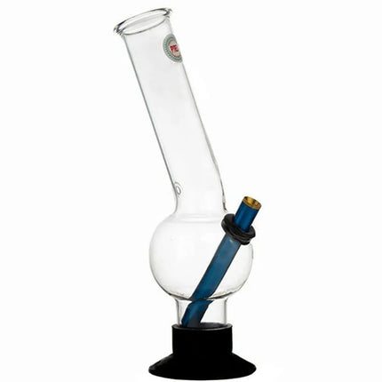 Clear glass water pipe with blue accent and black rubber base, 270mm