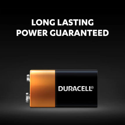 Duracell 9V alkaline battery with long lasting power guaranteed text