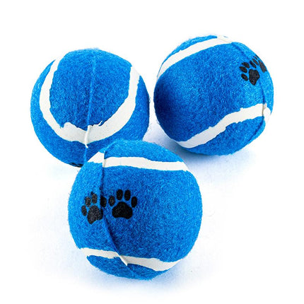 Blue felt dog tennis balls with white stripes and dark paw-print markings