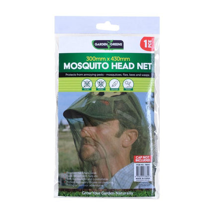 Black mesh head net in retail package with Garden Greens branding and insect icon.