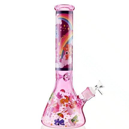 Pink water beaker with rainbow and Care Bears graphics, flip-top lid, angled spout